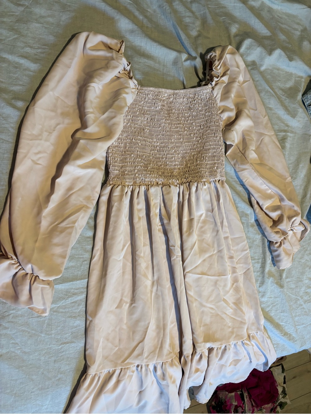 SHEIN Cream Smocked Puff Sleeve Girls Dress